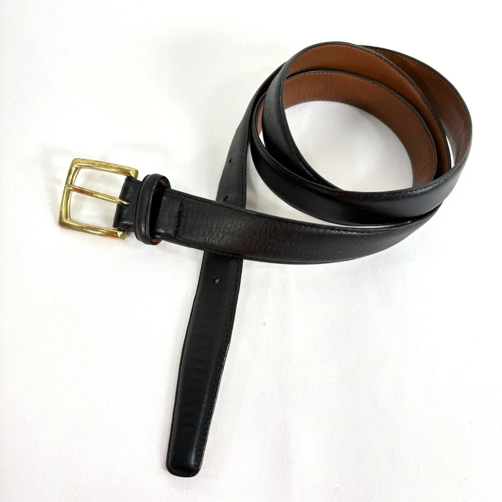 Lands End Belt Black Leather Solid Brass Buckle USA Made 50 41113
